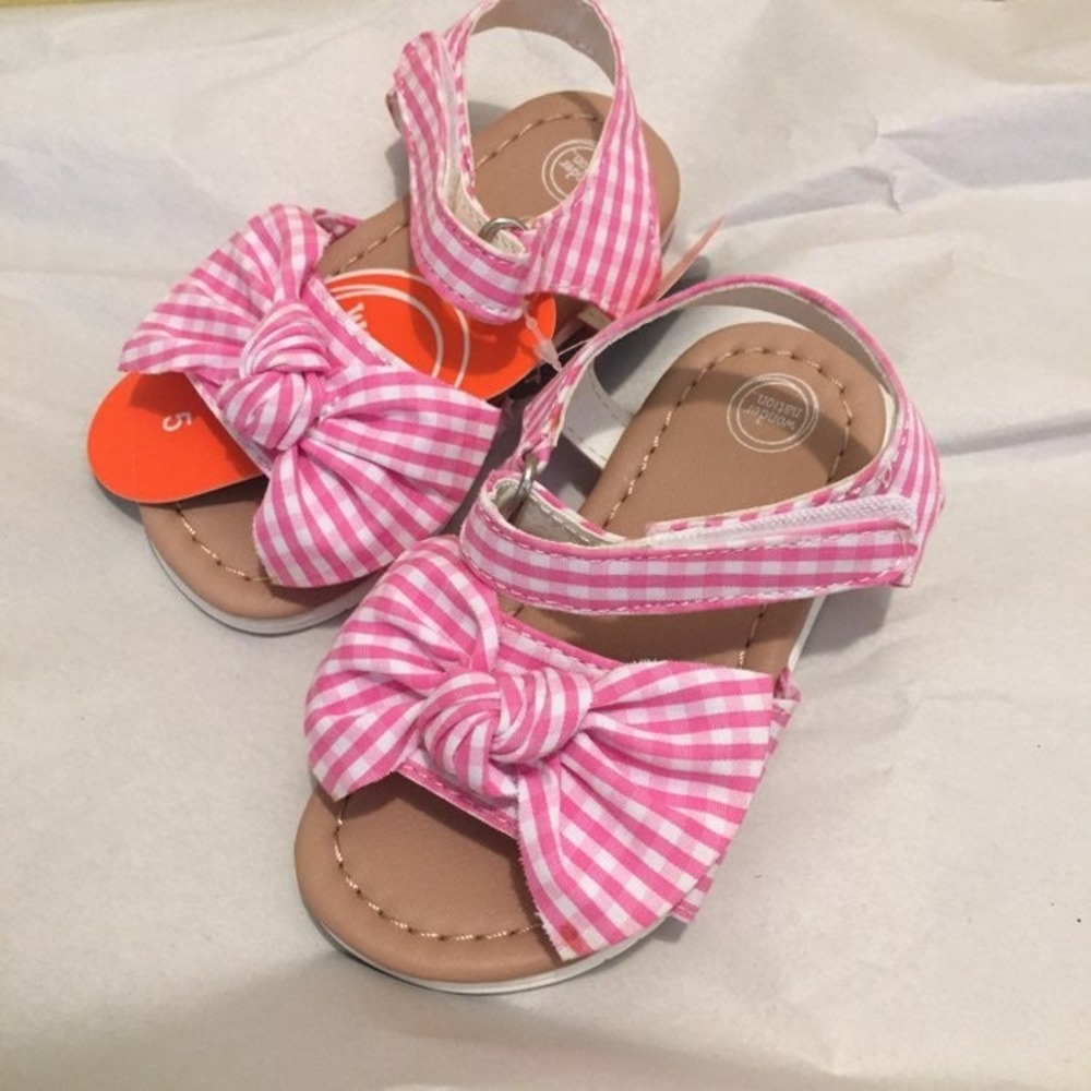 Wonder Nation Sandals Baby Girls 5 Pink Gingham New Bow Ankle Strap Summer Shoes - Picture 2 of 4